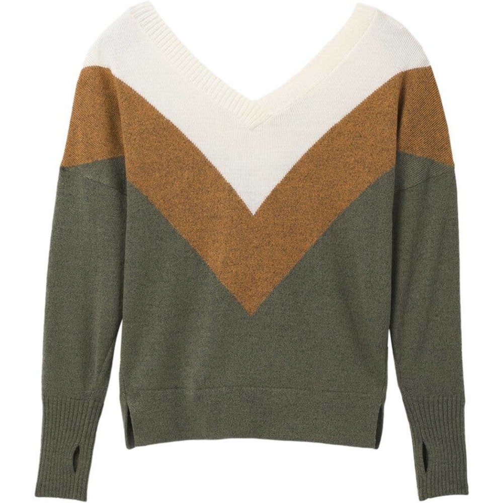 Prana Olive Green Cream and Brown Chevron V-Neck Sweater
